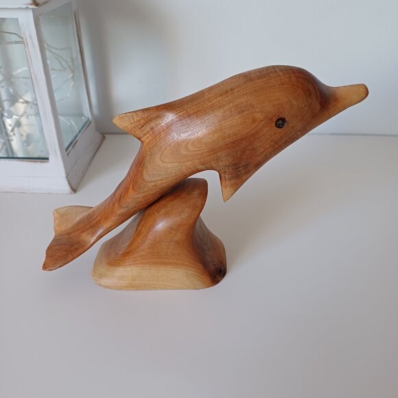 Small Carved Light Brown Wood Dolphin on Base 5'' - Picture 3 of 9